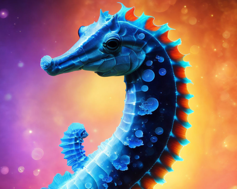 Colorful digital artwork: Blue seahorse on vibrant orange and purple background