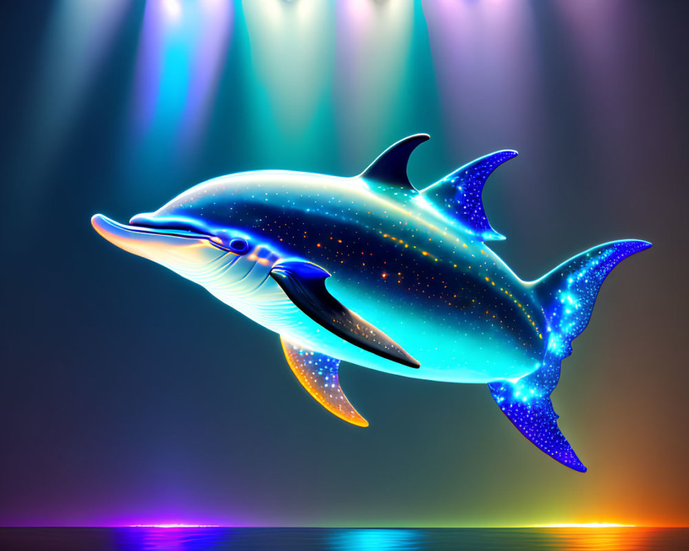 Colorful Dolphin Illustration with Cosmic Pattern on Theatrical Background