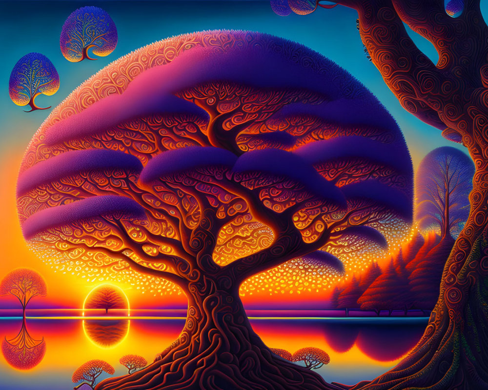 Colorful surreal landscape with stylized tree and sunset reflection.