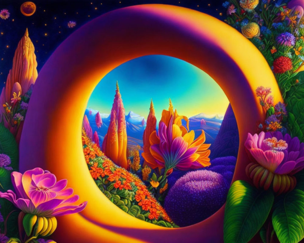 Colorful Arch Frames Fantastical Landscape with Mountains and Planets