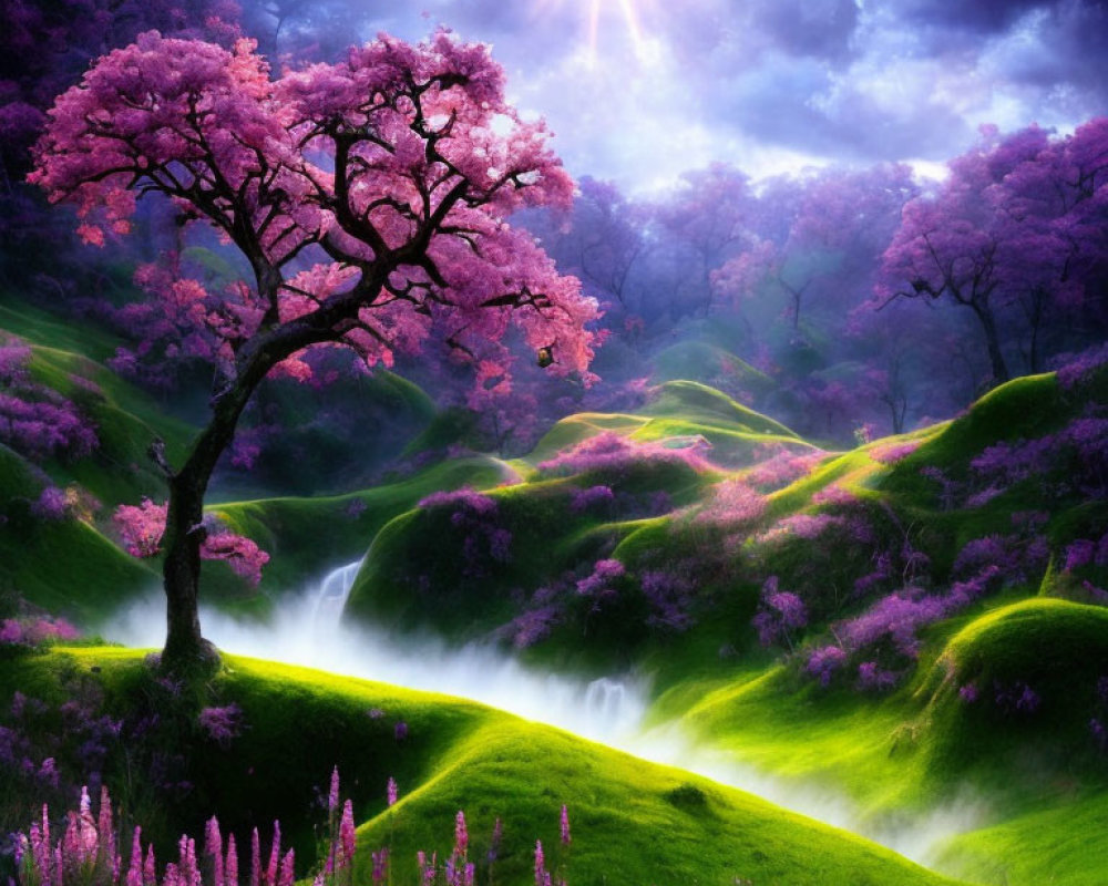 Scenic landscape with pink flowering trees, green hills, waterfalls, and purple wildflowers