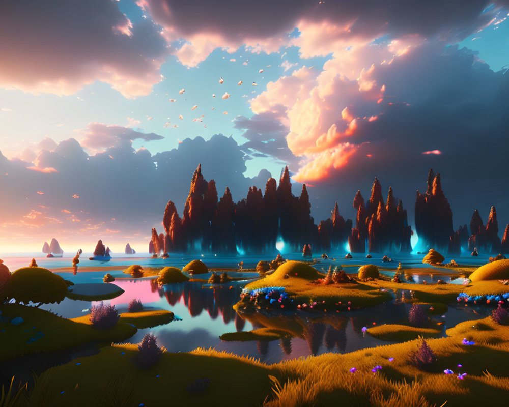 Tranquil digital sunset landscape with floating islands and lush flora