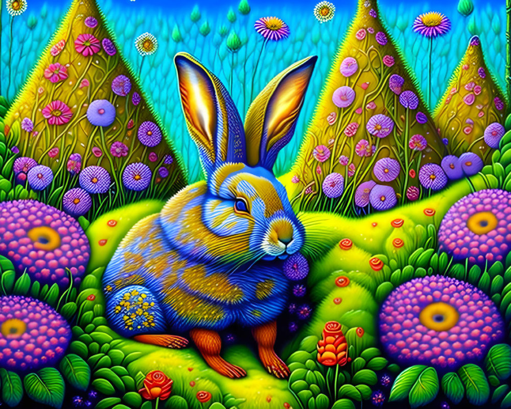 Colorful illustration: Blue rabbit in lush flora with patterned hills