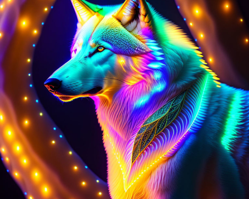 Colorful Dog Portrait with Neon Outlines on Swirling Light Background