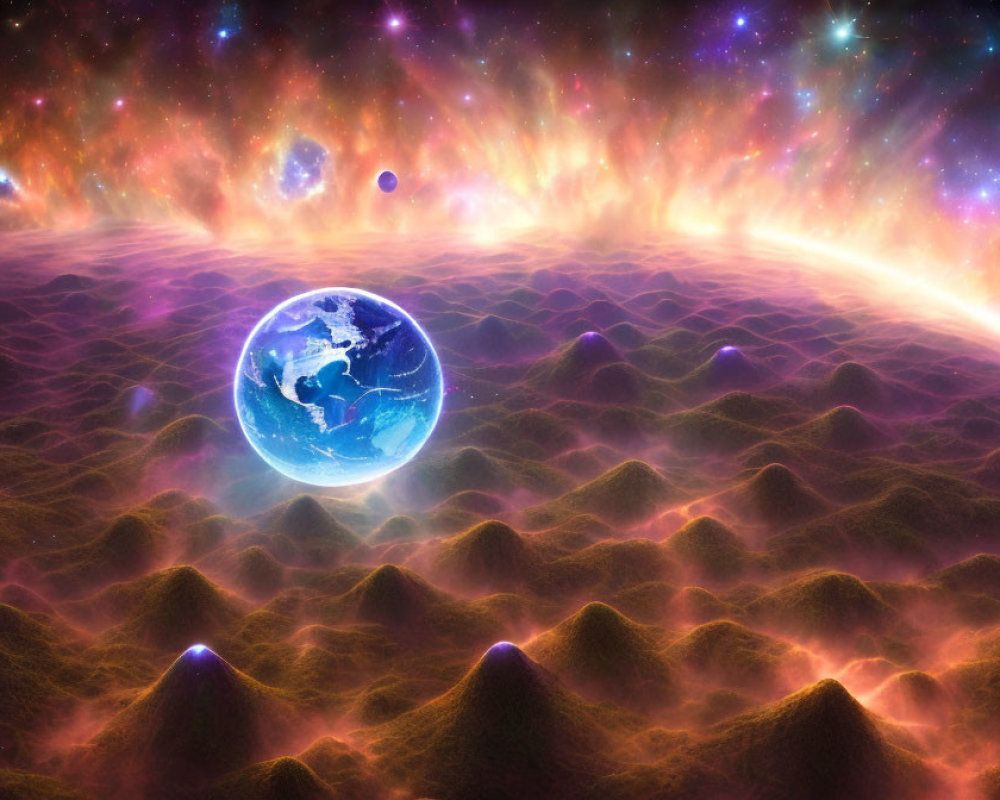 Colorful Cosmic Scene with Floating Earth and Neon Terrain