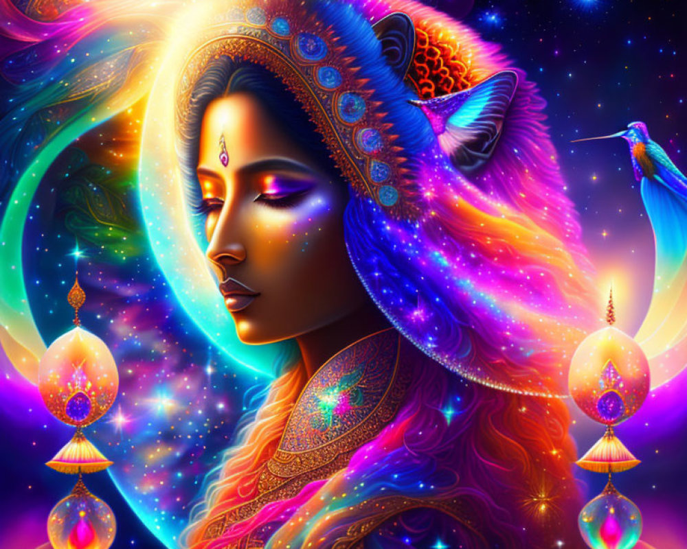 Colorful woman with cosmic elements and ornate jewelry in star-filled scene