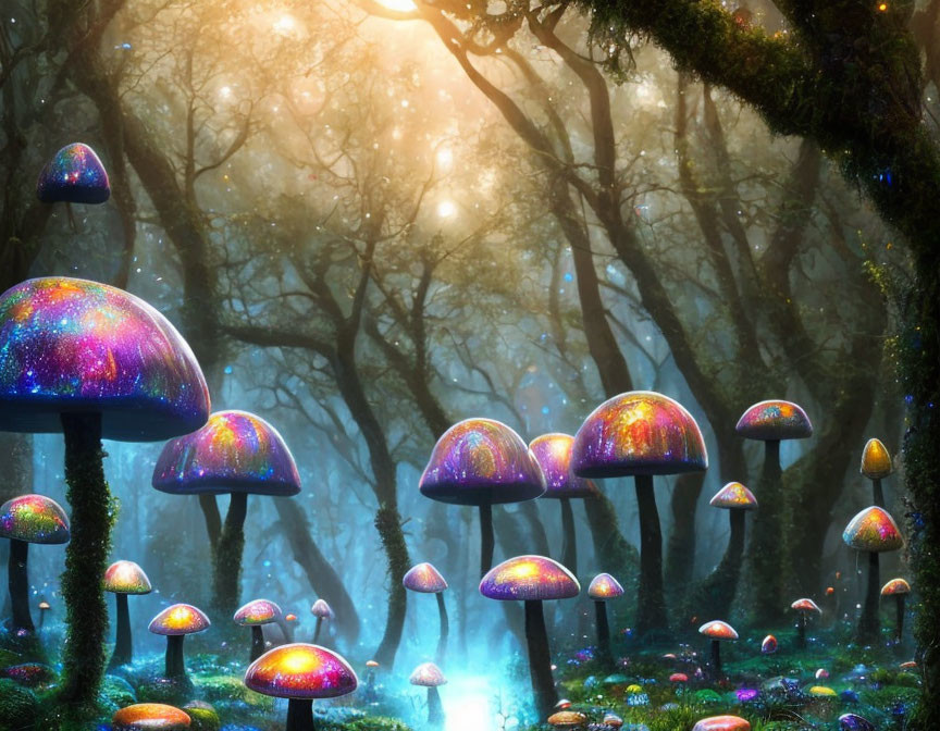 Enchanting forest scene with oversized luminescent mushrooms under a magical canopy.