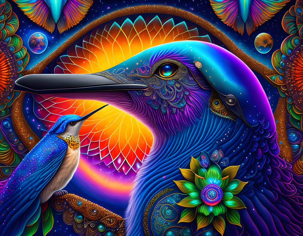 Colorful artwork of two patterned birds in cosmic setting