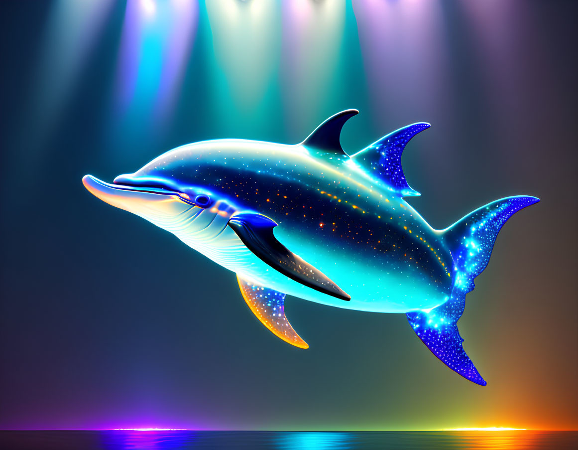 Colorful Dolphin Illustration with Cosmic Pattern on Theatrical Background