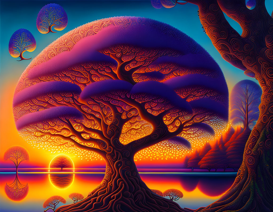 Colorful surreal landscape with stylized tree and sunset reflection.