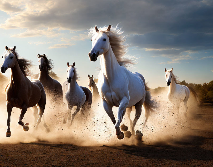 Group of galloping horses led by dominant white horse under dramatic sky