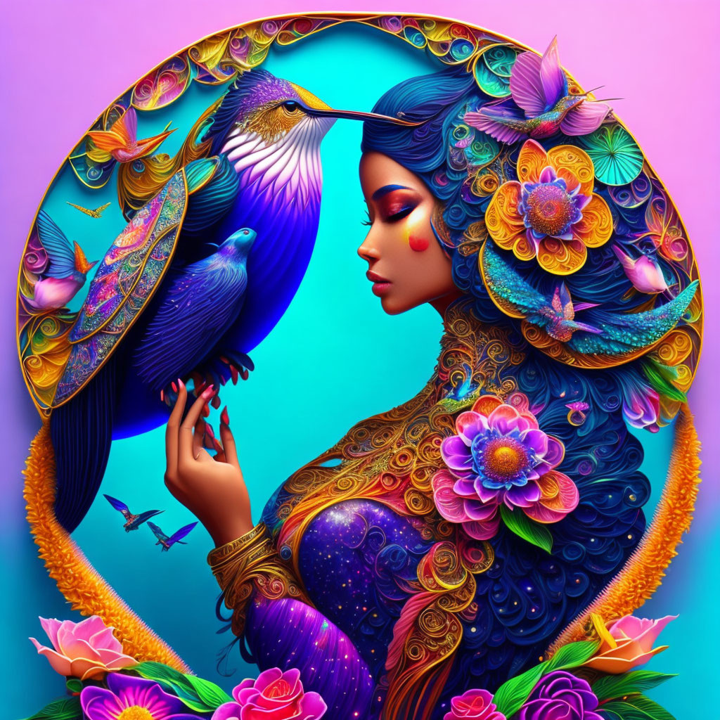 Colorful woman with birds and flowers on turquoise and purple background