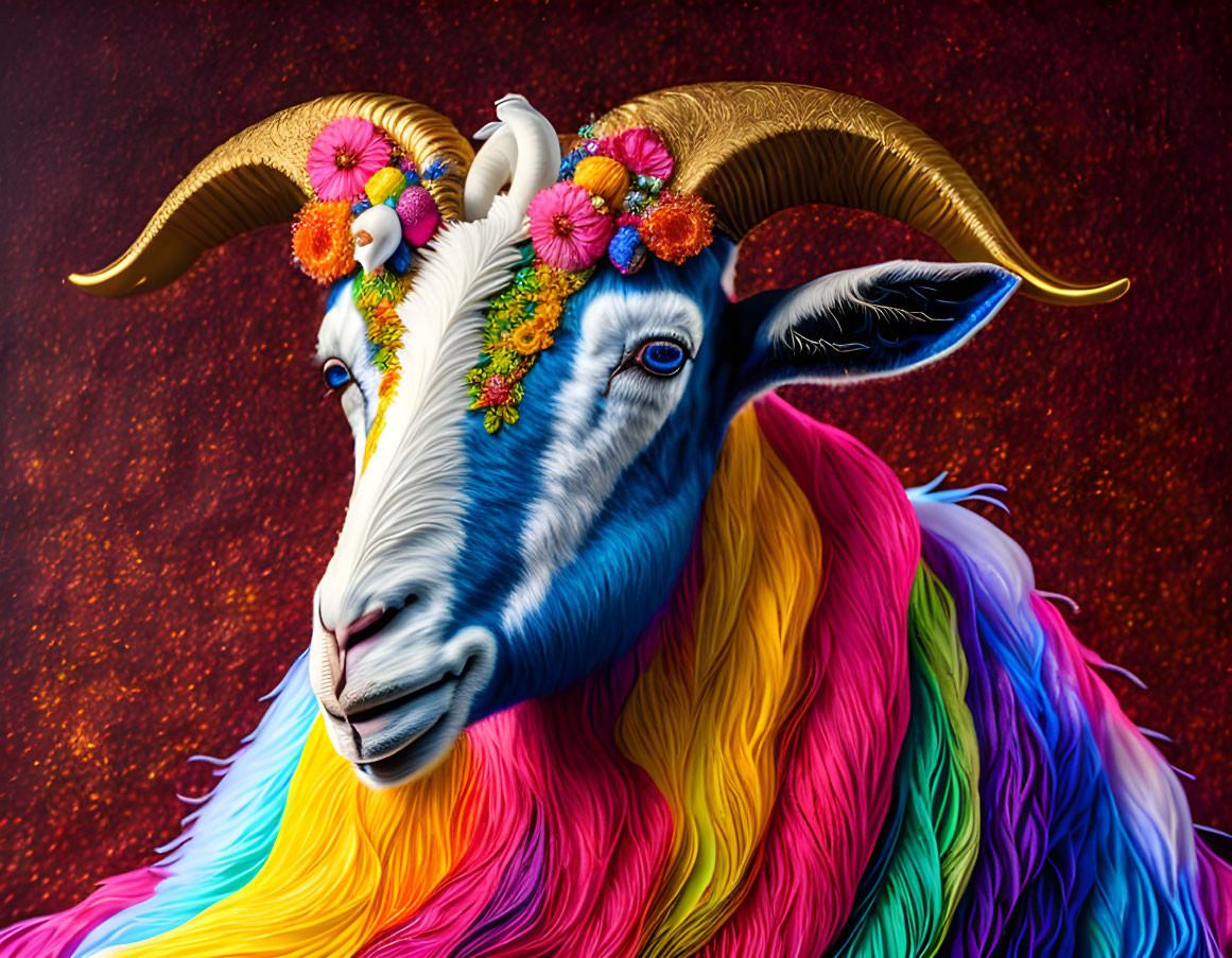 Colorful Rainbow Goat with Golden Horns and Flower Crown on Red Background