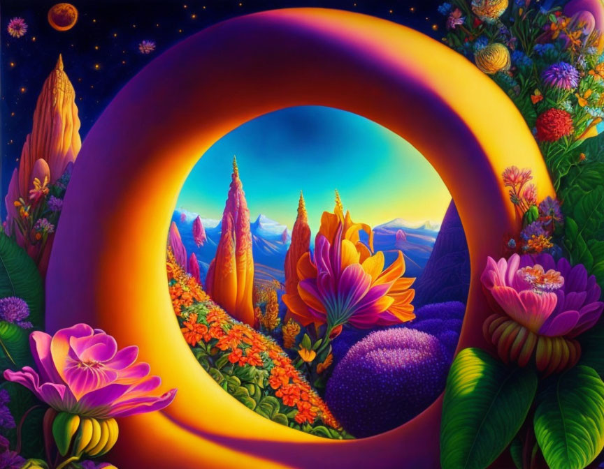 Colorful Arch Frames Fantastical Landscape with Mountains and Planets