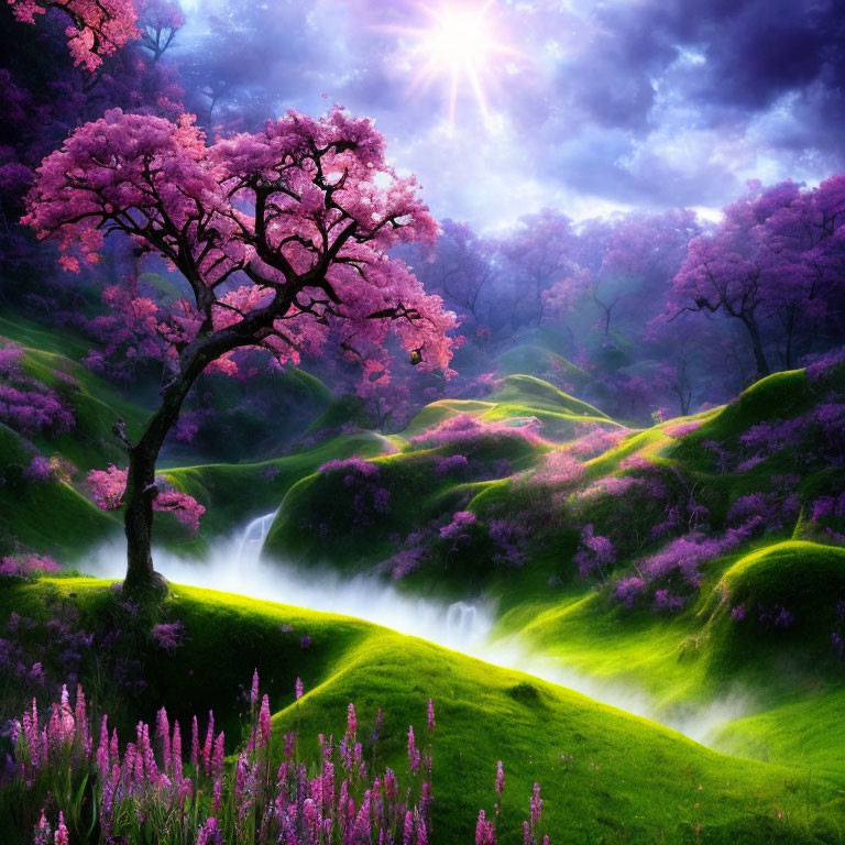 Scenic landscape with pink flowering trees, green hills, waterfalls, and purple wildflowers