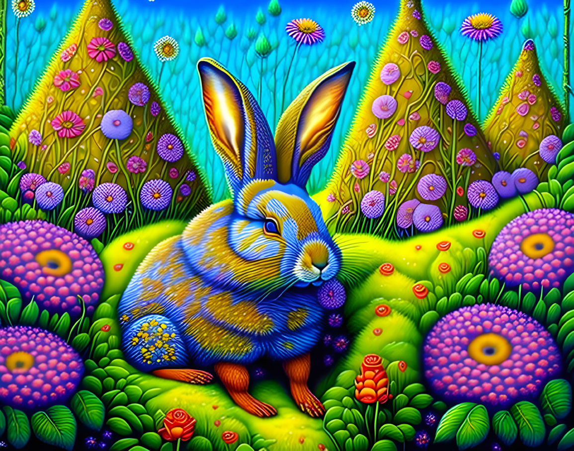 Colorful illustration: Blue rabbit in lush flora with patterned hills