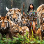 Indigenous woman in traditional attire with tigers in forest landscape