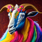 Colorful Rainbow Goat with Golden Horns and Flower Crown on Red Background
