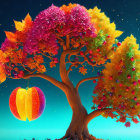 Colorful tree with whimsical leaves and fantastical fruits in surreal landscape