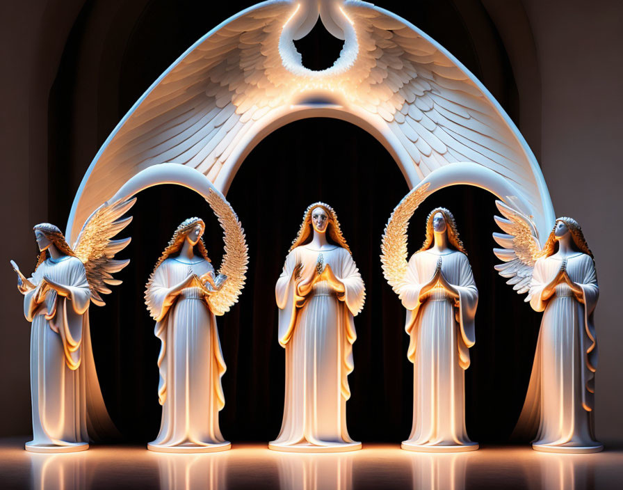Angel figurines with spread wings in graceful pose against dark arched backdrop