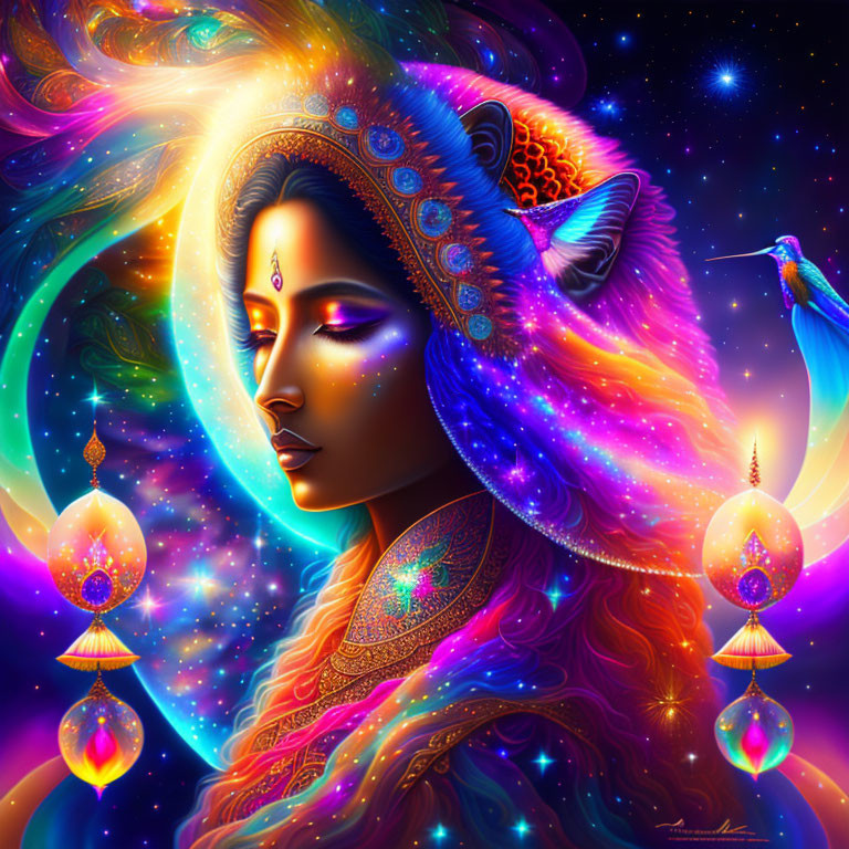 Colorful woman with cosmic elements and ornate jewelry in star-filled scene