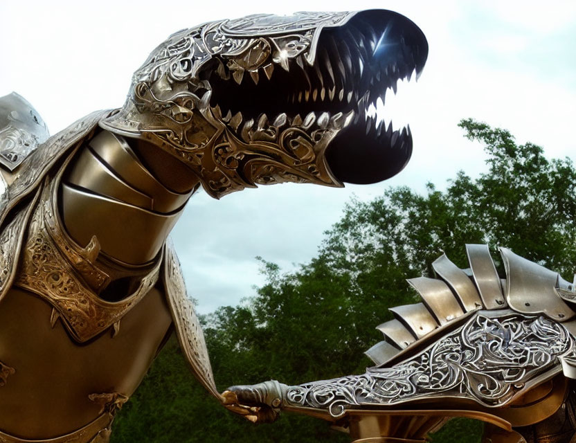 Metallic Dragon Sculpture with Intricate Designs Against Cloudy Sky