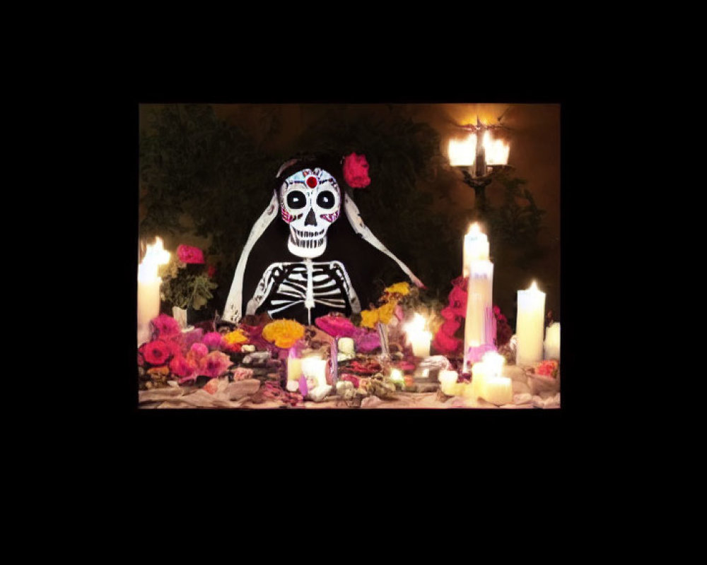 Vibrant Day of the Dead altar with skeleton, candles, flowers, and decorations