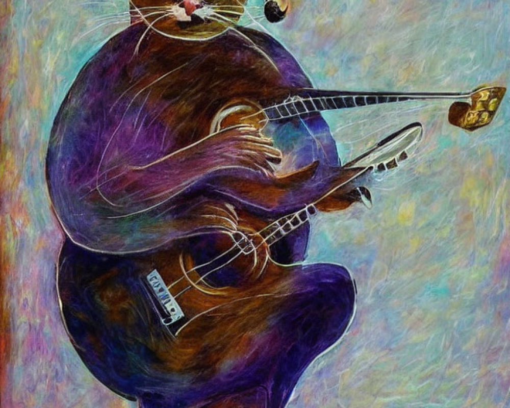 Whimsical brown and white cat playing upright bass in stylized painting