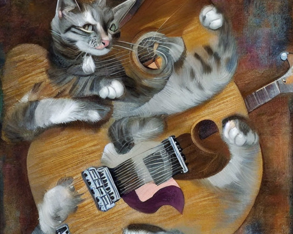 Whimsical painting of two cats with guitars on textured backdrop