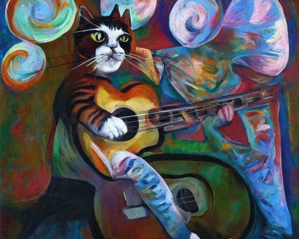 Vibrant cat painting playing guitar with whimsical background shapes