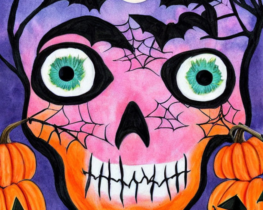 Whimsical Halloween illustration with pink skull, green eyes, spider webs, crescent moon, and