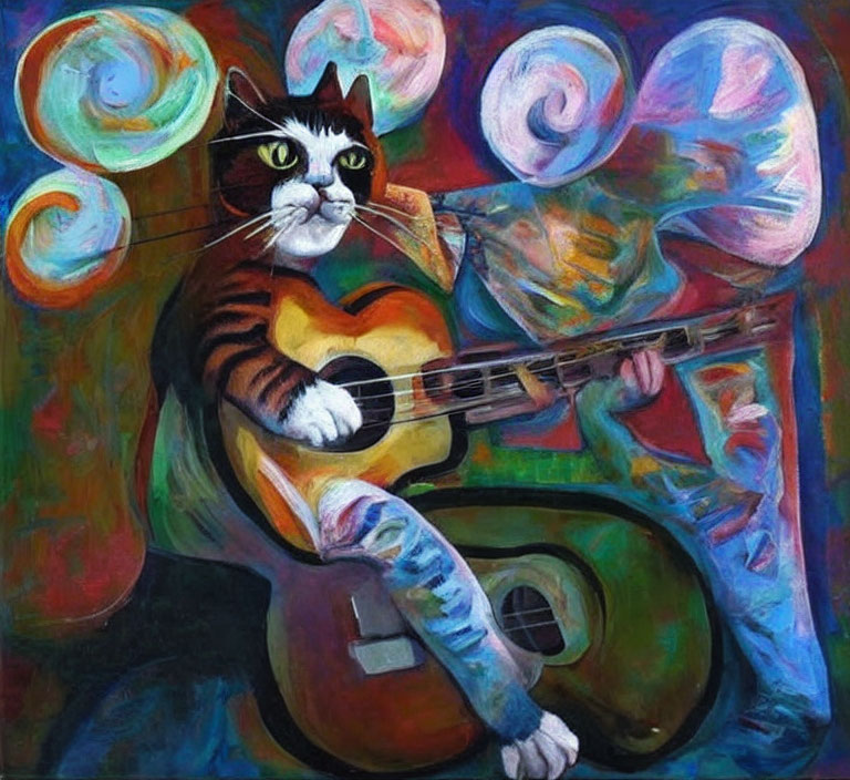 Vibrant cat painting playing guitar with whimsical background shapes