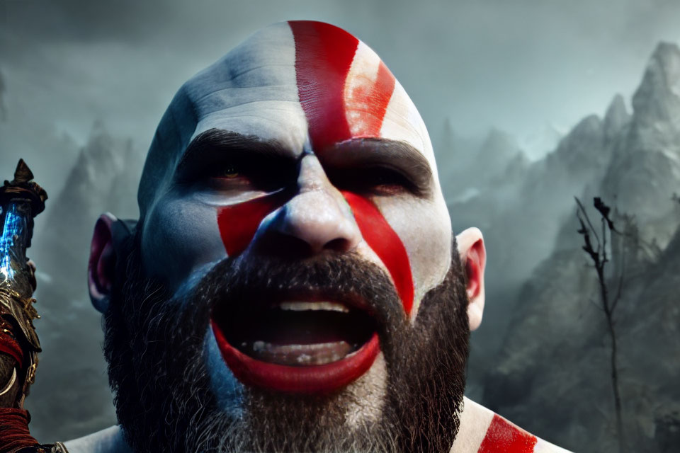 Fierce bearded video game character with red face paint in stormy mountainous backdrop