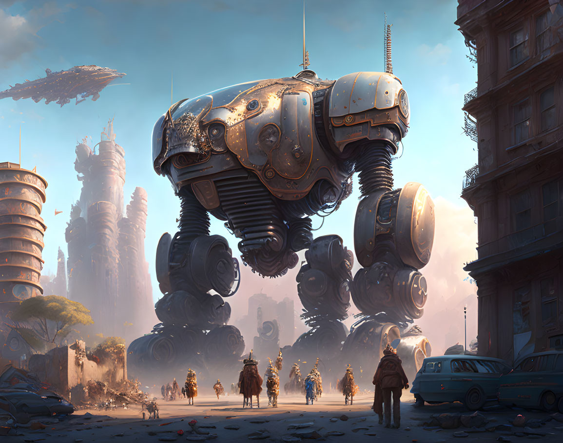 Futuristic cityscape with walking mechs, armored humans, derelict cars, and flying