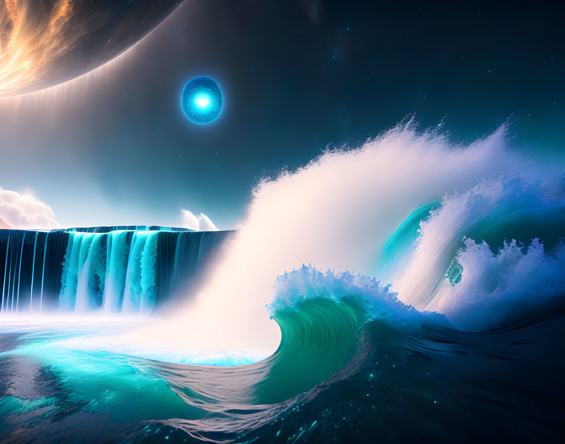 Surreal seascape with towering waves and celestial sky