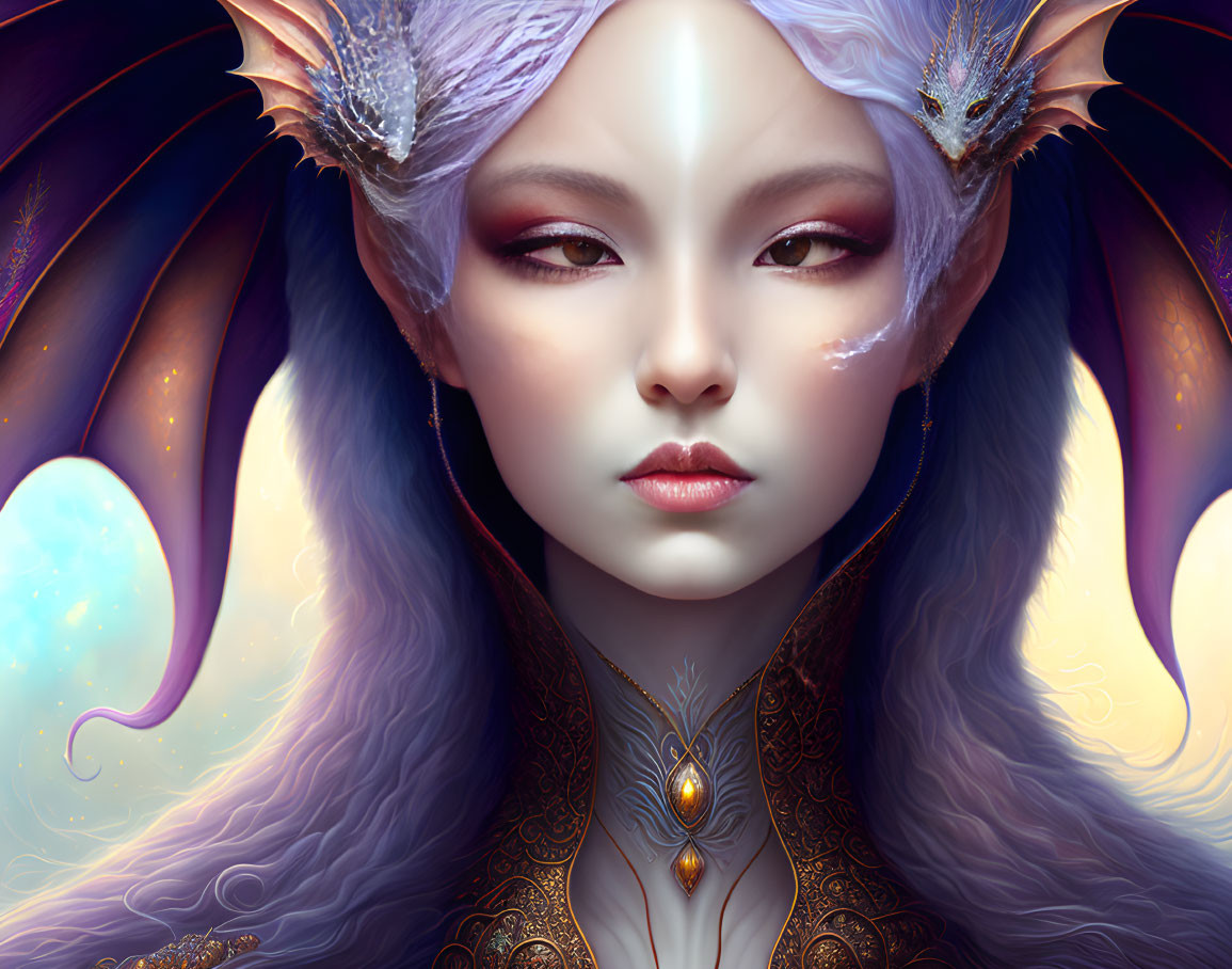 Fantasy figure with elfin features and violet eyes in ornate purple attire