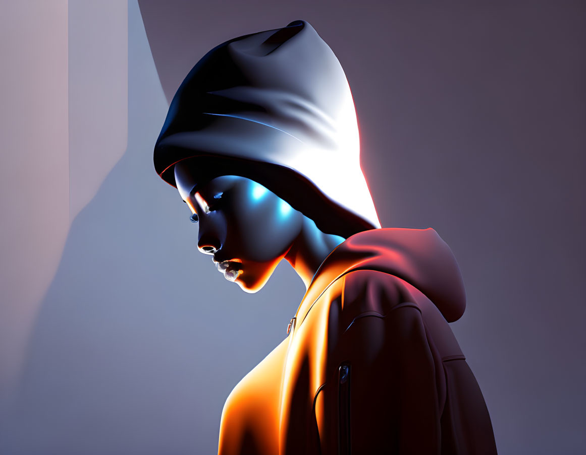 Stylized character with glowing blue visage in hood on orange backdrop