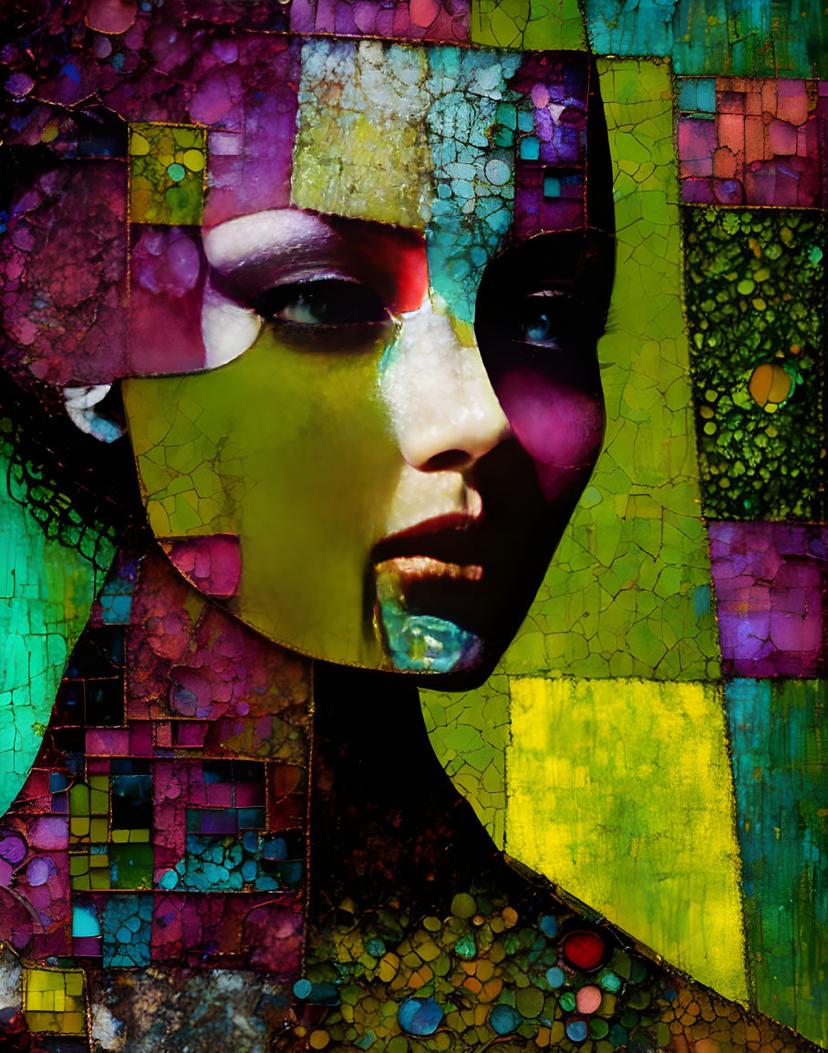 Colorful Abstract Female Portrait with Mosaic Texture on Dark Background