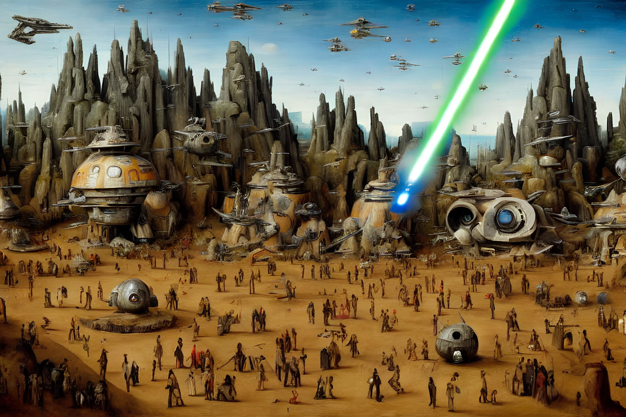 Renaissance-style painting with sci-fi elements: alien landscape, robots, spacecraft, and blue lights