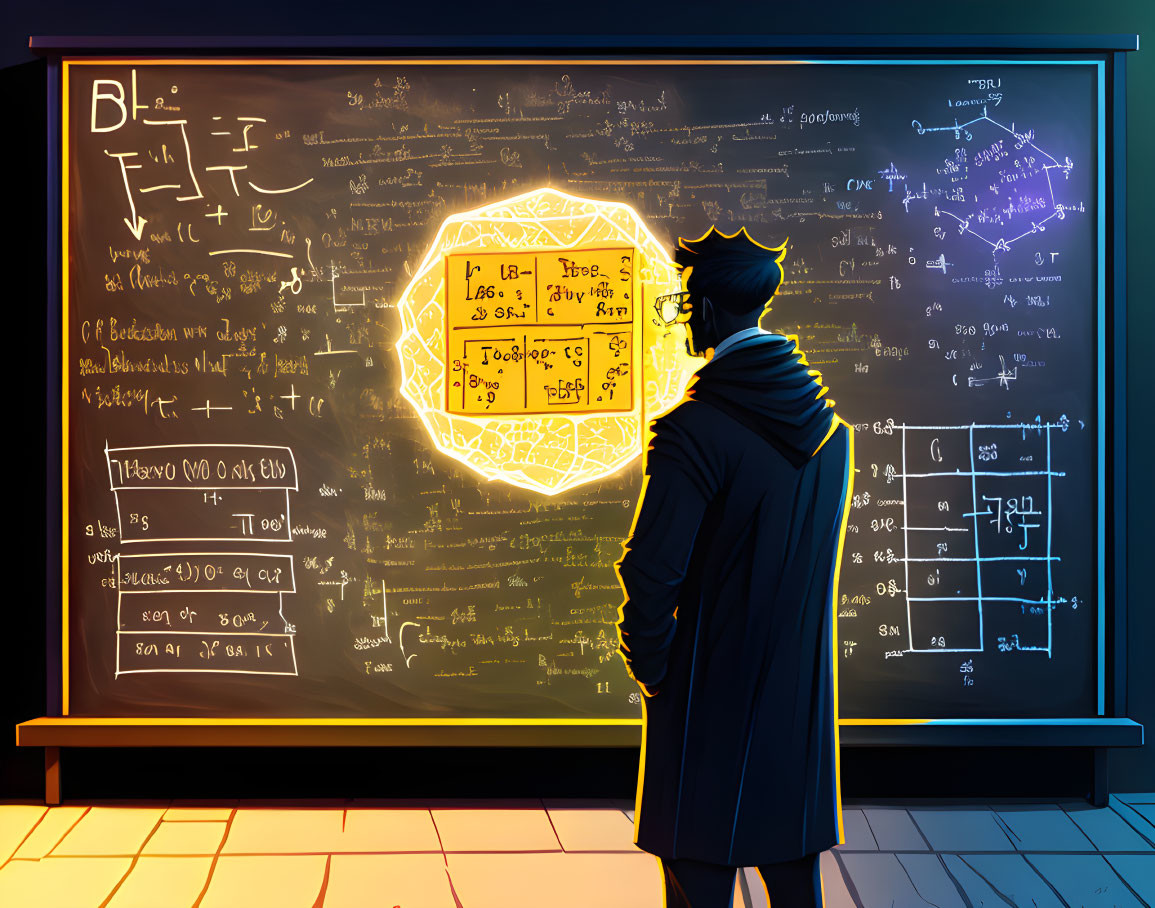 Glowing brain person in front of blackboard with math equations