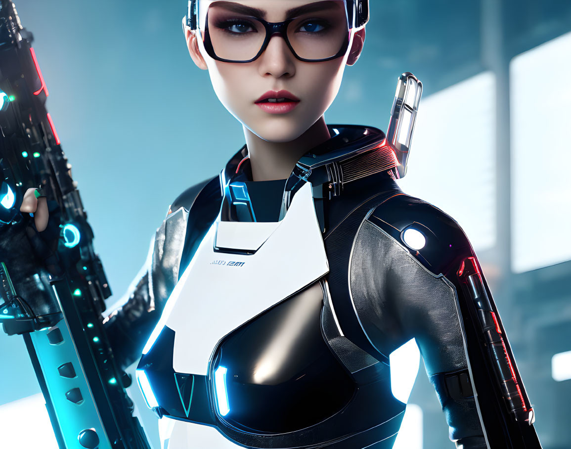 Futuristic female android in sleek armor with neon lights and high-tech weapon on cool-toned backdrop