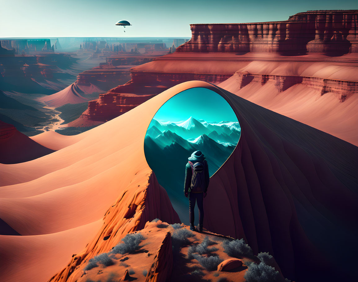 Person gazes at portal in desert canyon with surreal sky