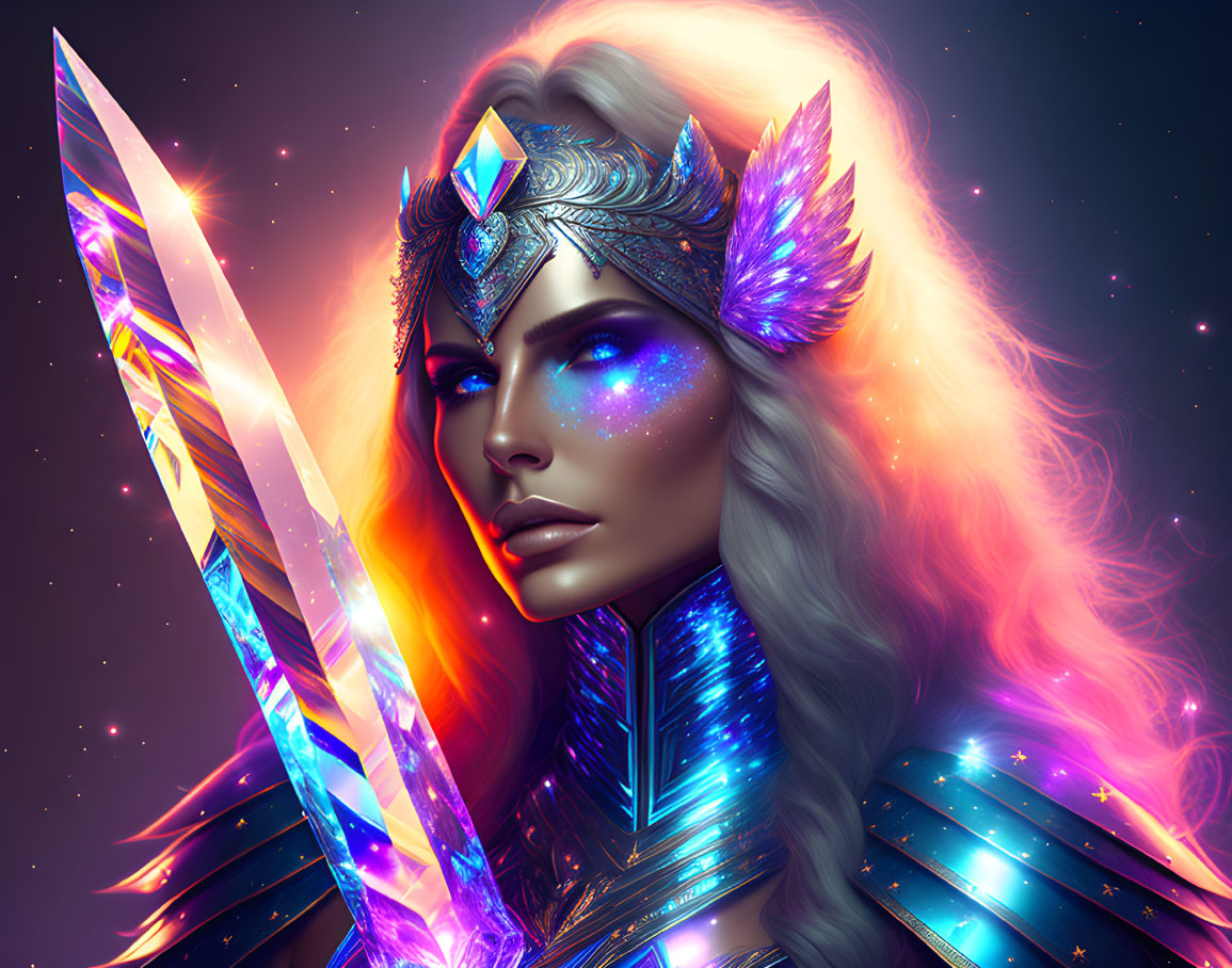 Fantasy female warrior with glowing crystals and radiant sword in starry setting