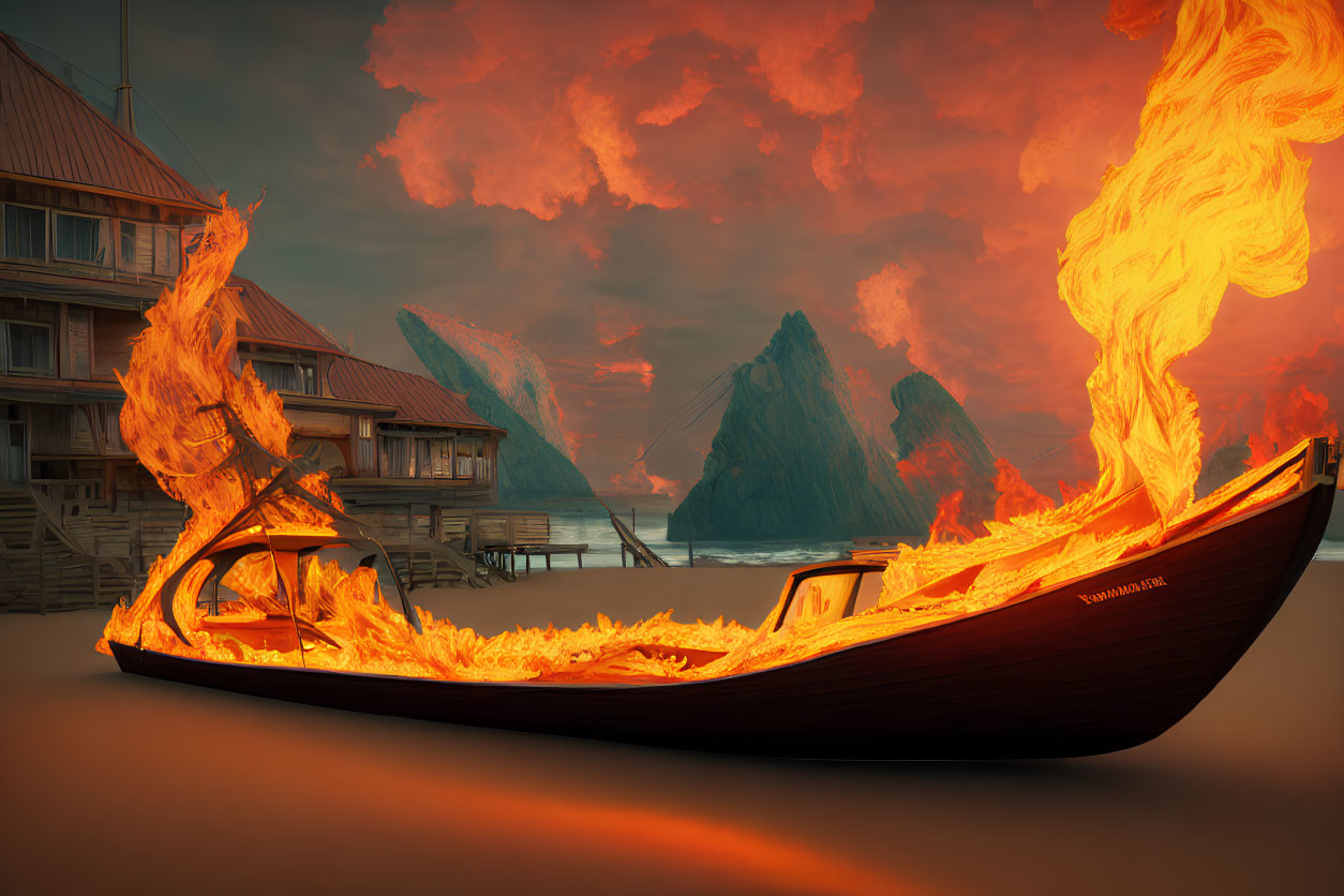 Artistic depiction of flaming boat by wooden docks with fiery clouds and rocky peaks.