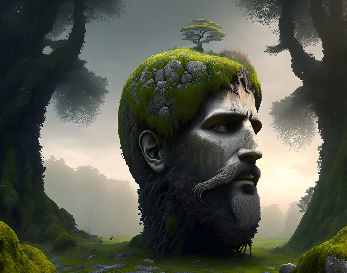 Gigantic moss-covered stone head with tree in misty forest landscape