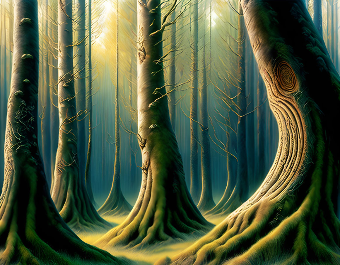 Dense forest with sunlight filtering through tall trees