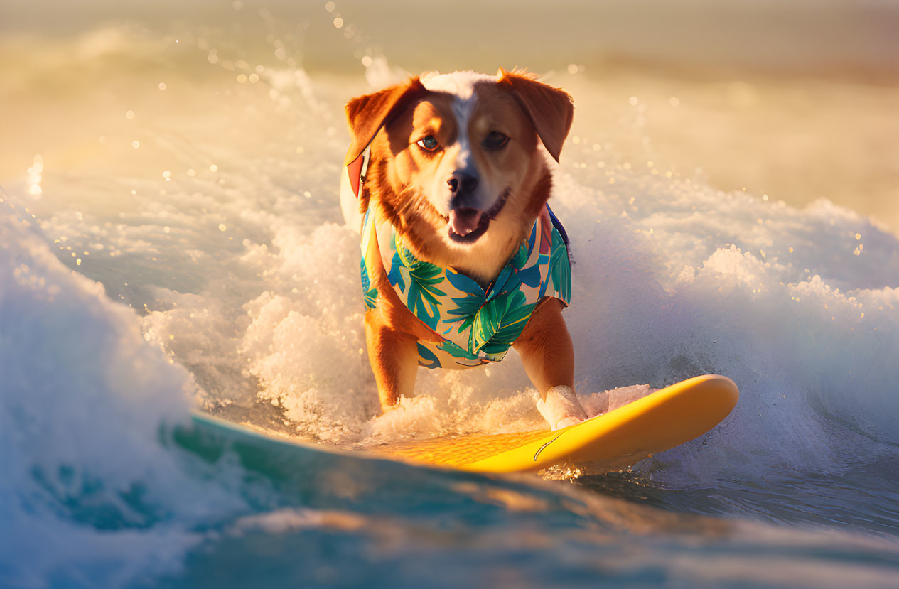 Dog in Hawaiian shirt surfing yellow wave.