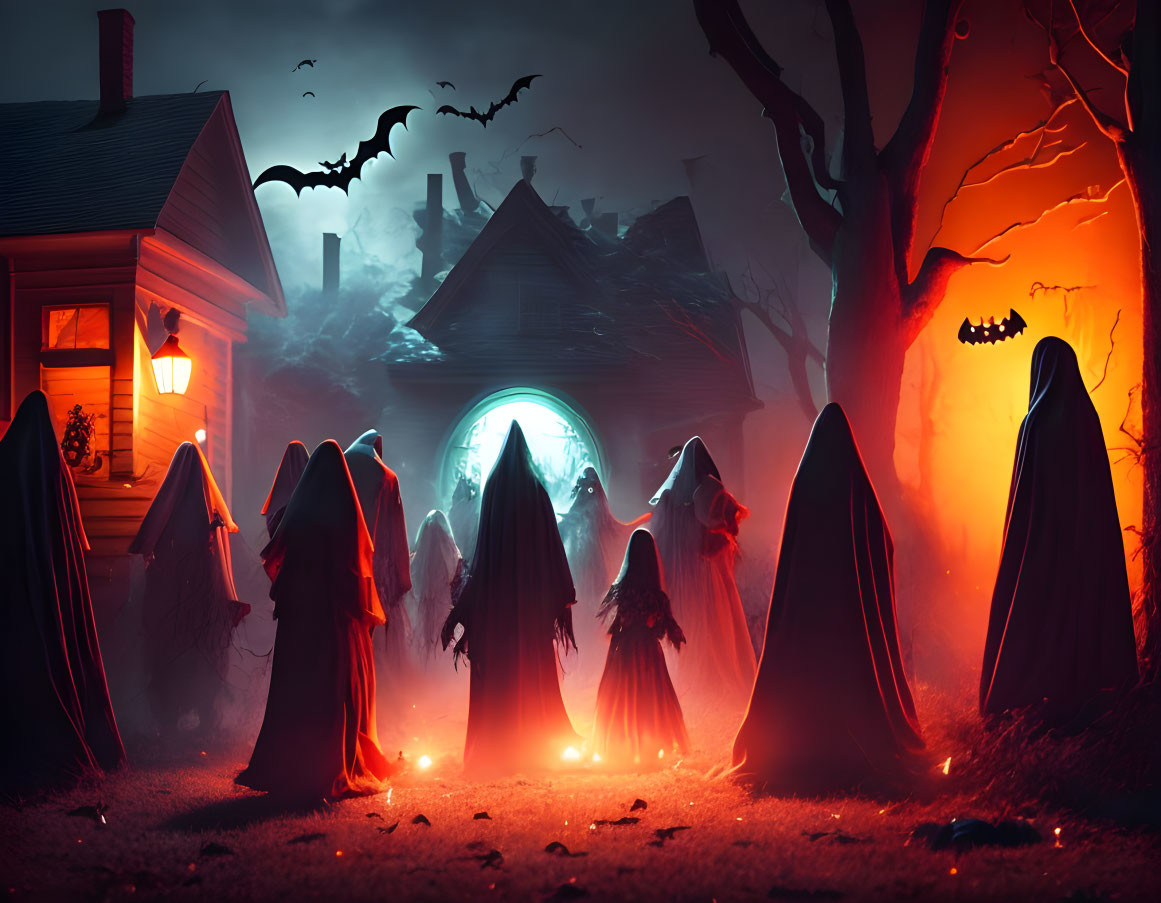 Mysterious Halloween scene with cloaked figures, portal, bats, haunted house