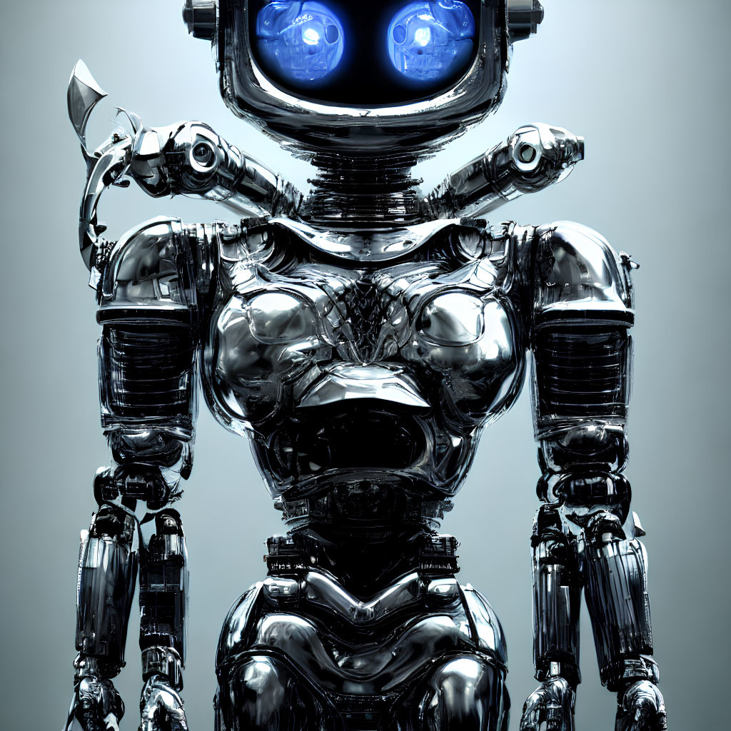 Futuristic humanoid robot with metallic body and blue eyes