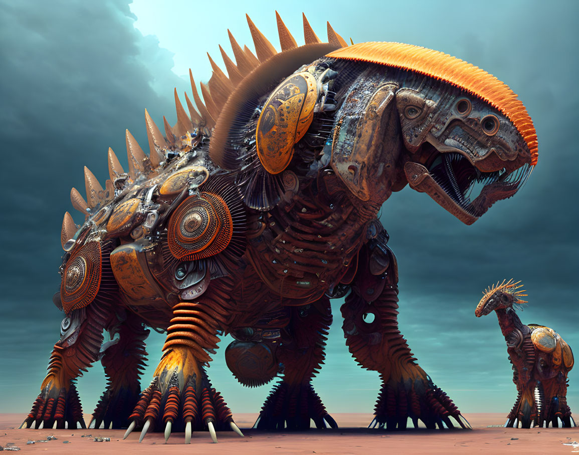 Large mechanical creatures with intricate gear features against a moody sky